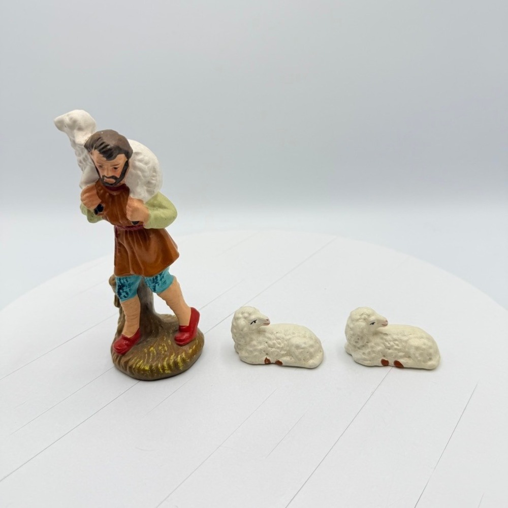 Vintage Japan Nativity Shepherd Lamb & Two Sheep Figurines 3 Piece Set 5.5 inch